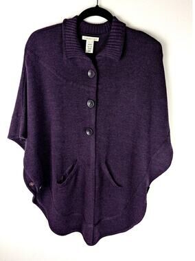 Coldwater Creek Wool Blend Button Front Poncho Cape Sweater Pocket Purple OS EUC